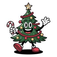 Cartoon character dressed as a festive Christmas tree waving and holding a candy cane in flat design style vector