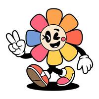 Retro cartoon character with flower design walking joyfully and making peace sign in colorful outfit vector