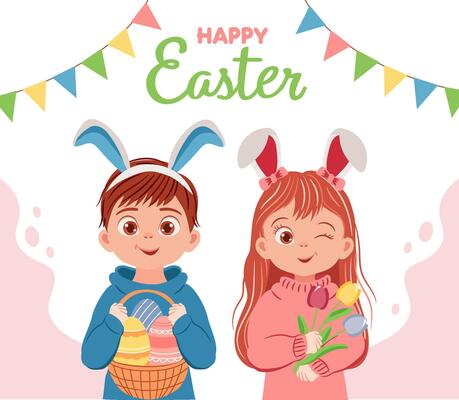Cute children with basket of Easter eggs, bouquet of flowers. Easter card template.