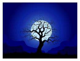 Tree silhouette in night and mountain. vector