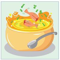 a bowl of chicken soup with a spoon vector