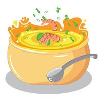 a bowl of shrimp soup with a spoon vector