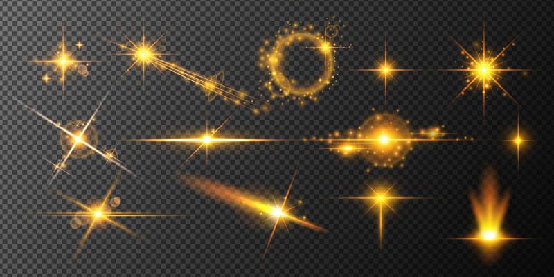 Golden light effects set with lens flares, sparkles, and glows. Perfect for festive designs, luxury branding, magic effects, holiday decorations, and photo overlays.