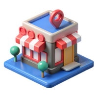 Charming 3D storefront with red and white awnings, blue roof, and location pin, perfect for retail and local business illustrations. on a transparent background, png