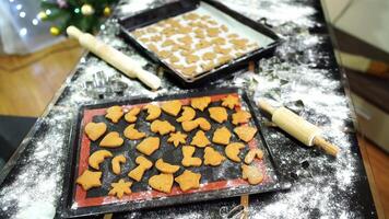 Figured Christmas cookies lie on baking sheets on a table covered with flour video