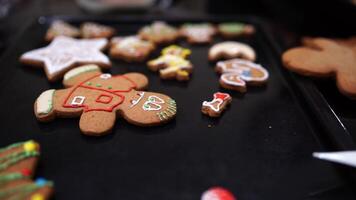 Multi-colored glazed gingerbread cookies lie on a baking sheet on the table video