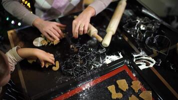 Mom collects dough scraps while little daughter arranges cut-out cookies on a baking sheet video