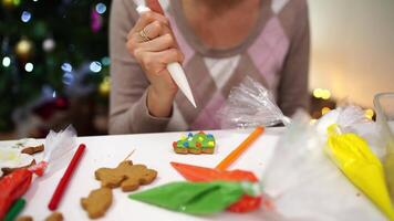 Chef draws colorful patterns on gingerbread cookies with a pastry bag with icing video