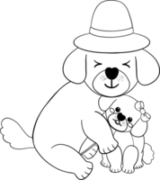 father's day dog dad and baby cub coloring page in flat cartoon outline style black and white png