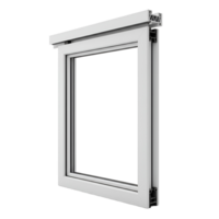 Isolated close up view of a modern white window frame with a white solid color behind it shown at an angle transparent background png