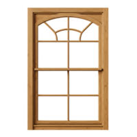 A light wood window frame with an arched top section and rectangular panes on a white setting view transparent background png