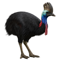 A cassowary bird standing in profile against a white with colorful neck and head plumage transparent background png