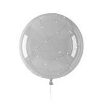 A clear balloon filled with string lights floating in a white space with a thin string attached transparent background png