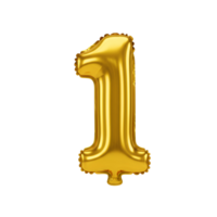 A shiny golden balloon shaped like the digit one isolated on a white plain studio style setting transparent background png