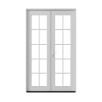 A pair of white french doors with rectangular window panes centered on a solid colored surface transparent background png