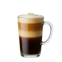 A layered coffee beverage in a clear glass mug with a handle on an isolated simple setting transparent background png