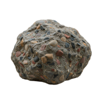 A large concrete rock with embedded pebbles and stones on a white plain space around the rock transparent background png