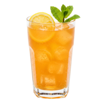 Refreshing beverage with lemon slice and mint sprig on top in tall glass with ice cubes visible transparent background png