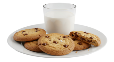 A plate of chocolate chip cookies with a glass of milk on a plain white surface against a plain backdrop transparent background png