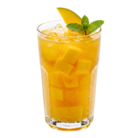 Refreshing mango juice in a glass with ice and mint garnish on a plain solid color backdrop transparent background png