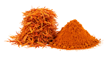 A close up shot showcasing saffron threads and powder against a plain white setting nicely lit transparent background png