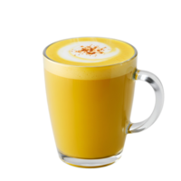 A clear mug filled with golden liquid topped with white foam and spice on a simple background transparent background png