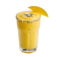A refreshing mango smoothie in a glass with toppings and a mango slice against a solid color space transparent background png