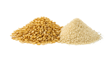A pile of whole seeds and a pile of flour against a solid white colored plain surface backdrop transparent background png