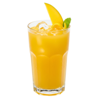 A refreshing mango juice in a glass with ice cubes and a mango slice against a plain backdrop transparent background png