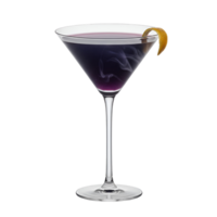 Elegant purple cocktail in martini glass with citrus zest garnish on a plain isolated setting transparent background png