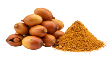 Pile of macadamia nuts and a mound of powder on a white plain surface in a studio setting transparent background png