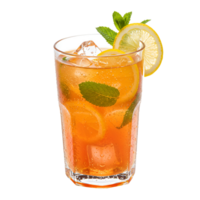 Iced tea beverage with lemon slices and mint garnish in a clear glass on a plain setting transparent background png