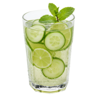 Refreshing drink with cucumber slices and lime wedges in a glass with a mint sprig garnish transparent background png