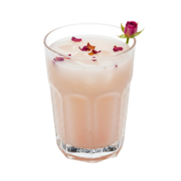 A refreshing beverage in a glass with ice and rose petals isolated on a plain background plain color transparent background png