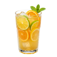 A refreshing citrus beverage with orange lemon lime and mint in a clear glass with ice cubes present transparent background png