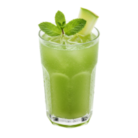 A refreshing green smoothie in a clear glass with ice and mint garnish and melon slice on top drink is fresh transparent background png