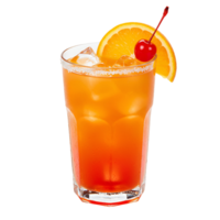 A refreshing orange cocktail with cherry garnish in a clear glass on a plain setting view close up transparent background png