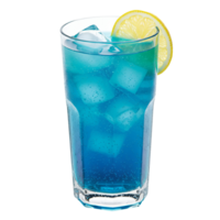 A glass filled with a blue liquid and ice cubes garnished with a slice of lemon on a plain setting transparent background png