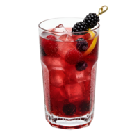A refreshing berry cocktail in a glass with ice and a lemon twist on a plain color surrounding transparent background png