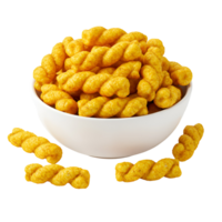 A white bowl filled with twisted yellow snacks and some scattered around the bowl on a plain surface transparent background png