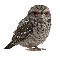 Portrait of a tawny frogmouth bird with red eyes perched and looking forward on a plain setting transparent background png