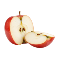 A vibrant red apple cut in half with a slice next to it on a plain surrounding showing seeds inside transparent background png