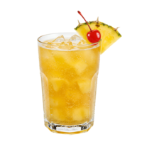 Refreshing yellow cocktail in glass with ice, pineapple slice, and cherry on an isolated background transparent background png