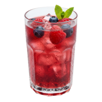 Refreshing berry beverage with ice cubes and mint garnish in a clear glass on a plain setting transparent background png