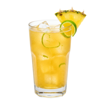 A refreshing yellow beverage with ice cubes and garnished with lime and pineapple on a transparent glass transparent background png
