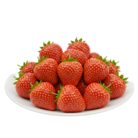 A vibrant pile of fresh strawberries displayed on a pristine white plate against a plain backdrop transparent background png