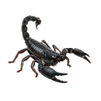 A photograph of a scorpion with its tail raised on a plain isolated simple studio style presentation transparent background png