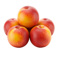 Arrangement of five ripe nectarines with vibrant colors stacked against a plain setting transparent background png