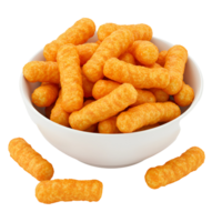 un blanco cuenco lleno con naranja hinchado queso meriendas y algunos dispersado alrededor el cuenco en un llanura zona transparente antecedentes png