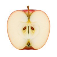 A close up view of a halved apple showing its core and seeds on a plain isolated surrounding area transparent background png